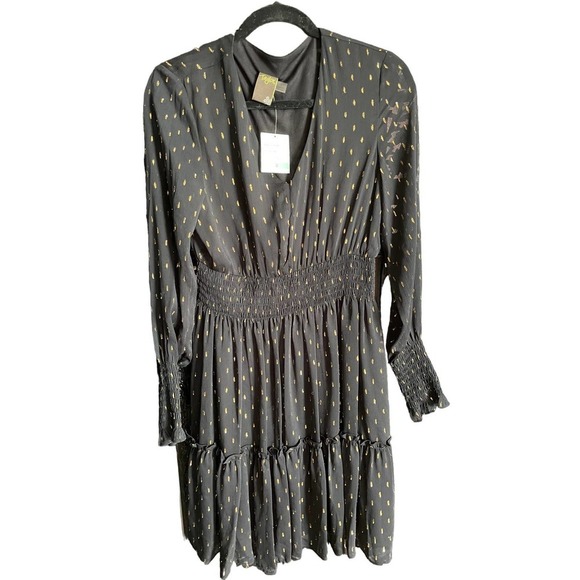 Taylor Dresses & Skirts - NWT Taylor Womens Metallic Swiss Dot Smocked Mini Dress Long Sleeve Size 8 Black